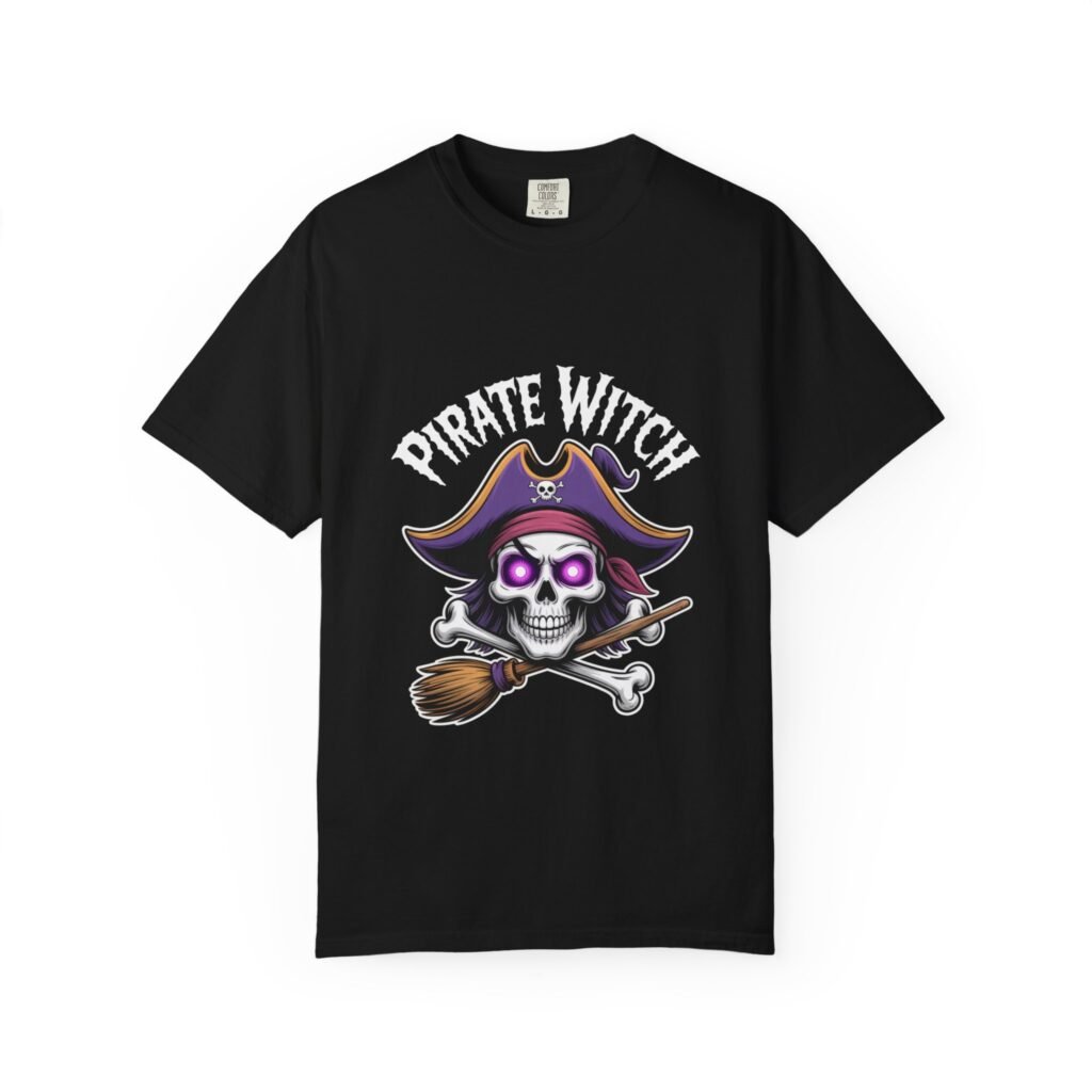 Pirate Witch Graphic T-Shirt for Halloween, Unisex Tee for Costume Parties, Skull and Broom Design
