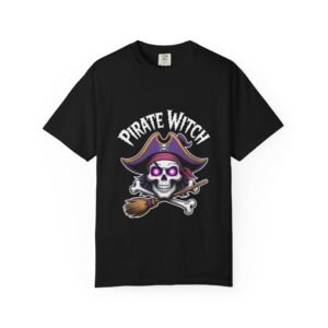Pirate Witch Graphic T-Shirt for Halloween, Unisex Tee for Costume Parties, Skull and Broom Design