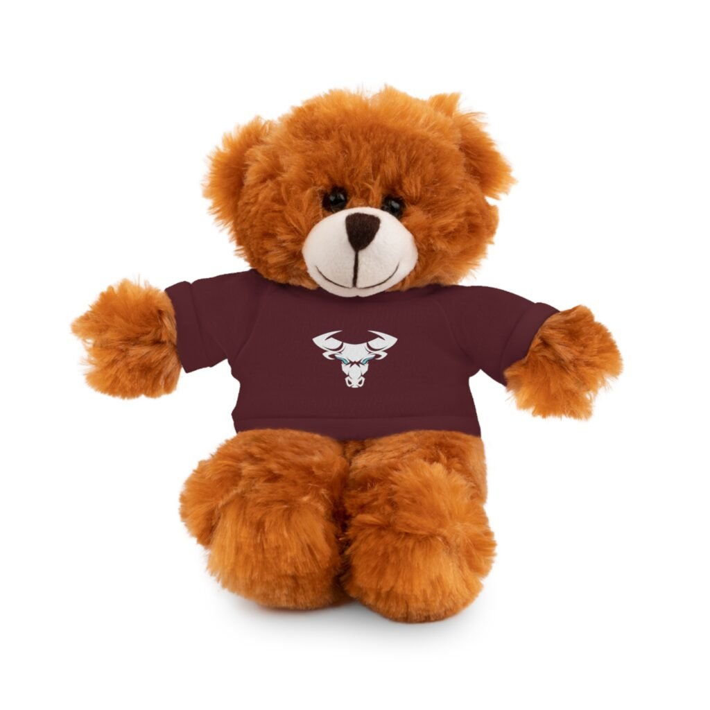 Plush Bear with Maroon Tee featuring Skull Bull Graphic — Cute Gift for Teens & Adults